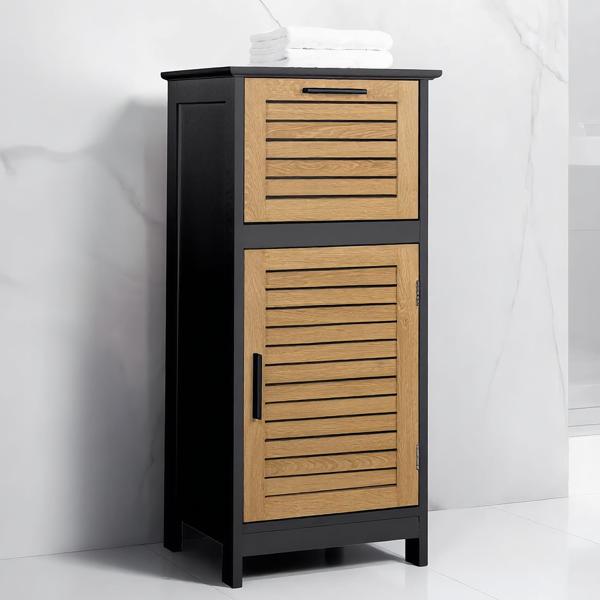 Elegant bathroom cabinet black & wood look 83 x 36.5 x 30 cm – Modern bathroom and tall cabinet for bathroom, guest WC & home spa