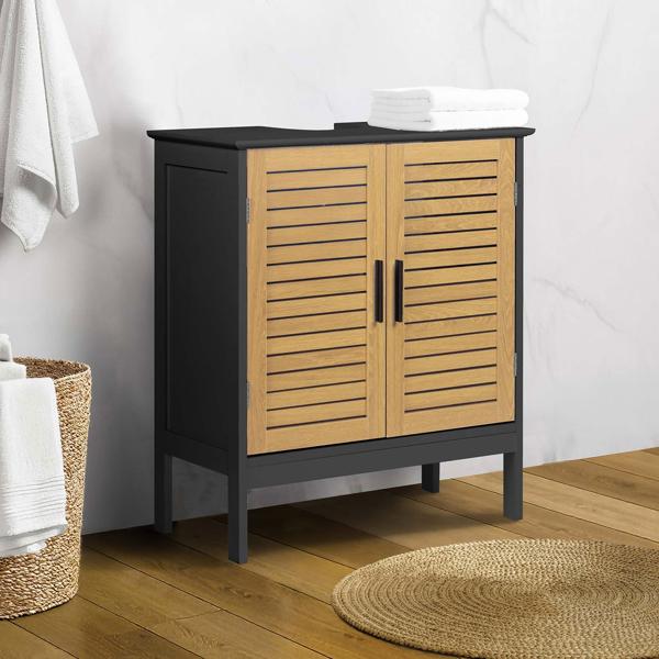 Elegant vanity unit in black & wood look: MDF bathroom cabinet, modern under-sink unit & bathroom cupboard with doors