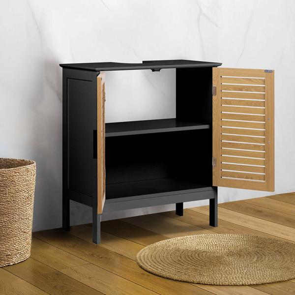 Elegant vanity unit in black & wood look: MDF bathroom cabinet, modern under-sink unit & bathroom cupboard with doors