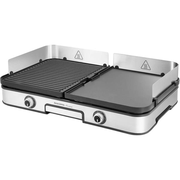 Electric barbecue grill with 2 separate grilling zones, reversible grill plates, stainless-steel wind guard & drip tray, 2-zone table grill