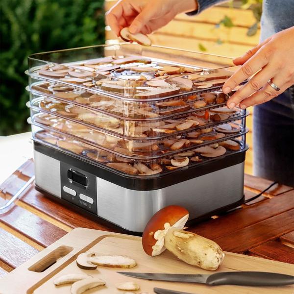Professional food dehydrator with 5 levels & 3,500 cm² drying surface, quiet dehydrator 40–70 °C, dehydrator with 1–48 h timer for fruit & beef jerky, incl. recipes