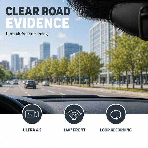 4K dashcam with interior camera and GPS, dual car camera front and interior with 3.16-inch display, Wi‑Fi, night vision, parking mode, loop recording, black