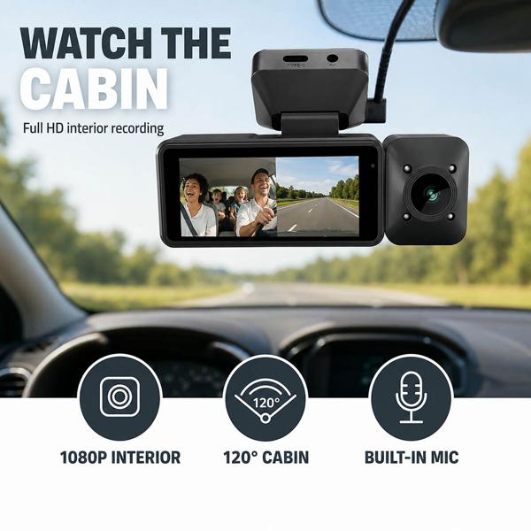 4K dashcam with interior camera and GPS, dual car camera front and interior with 3.16-inch display, Wi‑Fi, night vision, parking mode, loop recording, black