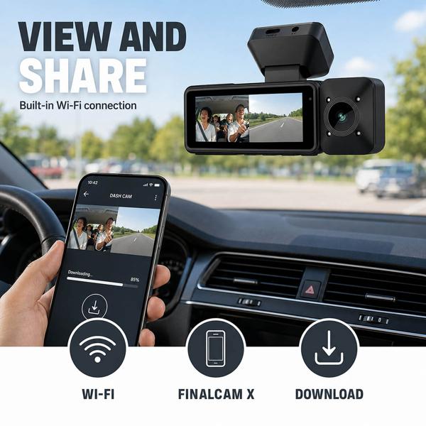 4K dashcam with interior camera and GPS, dual car camera front and interior with 3.16-inch display, Wi‑Fi, night vision, parking mode, loop recording, black