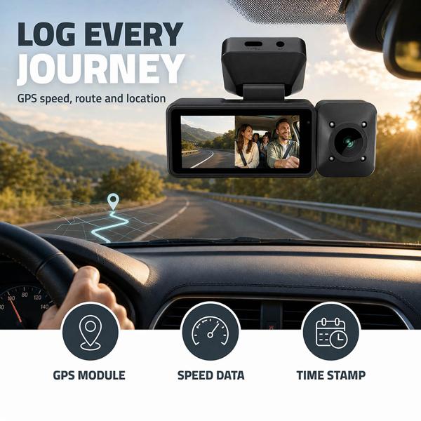 4K dashcam with interior camera and GPS, dual car camera front and interior with 3.16-inch display, Wi‑Fi, night vision, parking mode, loop recording, black