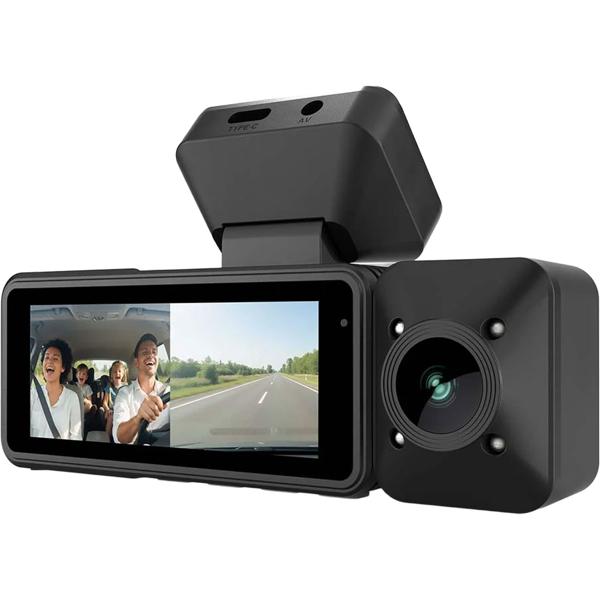 4K dashcam with interior camera and GPS, dual car camera front and interior with 3.16-inch display, Wi‑Fi, night vision, parking mode, loop recording, black