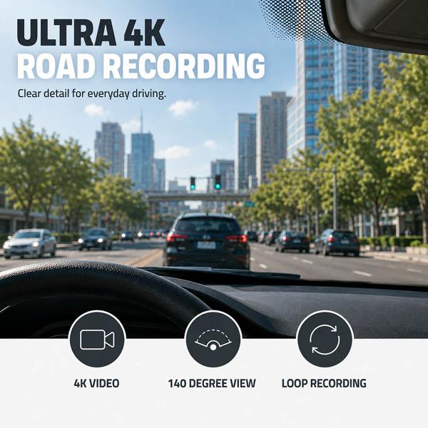4K dashcam with GPS and Wi‑Fi, compact car camera without display with 140° wide angle, night vision, parking mode, loop recording and app control, black