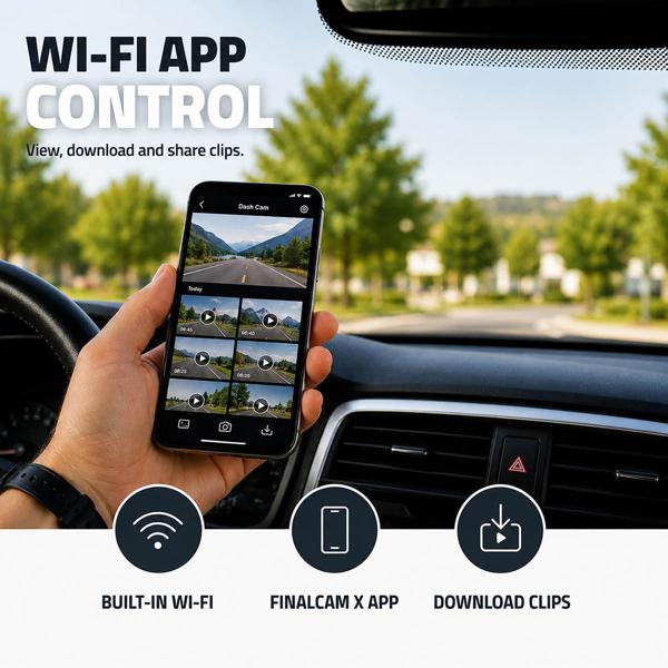 4K dashcam with GPS and Wi‑Fi, compact car camera without display with 140° wide angle, night vision, parking mode, loop recording and app control, black