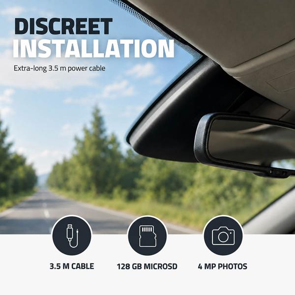 4K dashcam with GPS and Wi‑Fi, compact car camera without display with 140° wide angle, night vision, parking mode, loop recording and app control, black