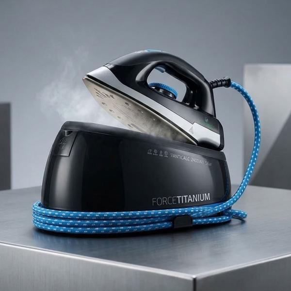 Fer à vapeur Force Titanium avec centrale vapeur 2400 W, 5 bar, 120 g/min de vapeur, vapeur verticale, anti-goutte, anti-calcaire et auto-nettoyage
