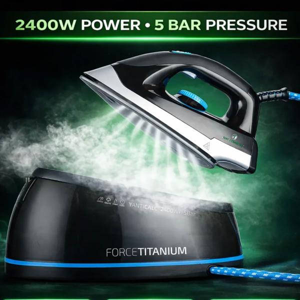 Fer à vapeur Force Titanium avec centrale vapeur 2400 W, 5 bar, 120 g/min de vapeur, vapeur verticale, anti-goutte, anti-calcaire et auto-nettoyage