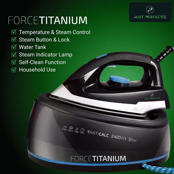 Force Titanium steam iron with steam station 2400 W, 5 bar, 120 g/min steam, vertical steam, anti-drip, anti-scale & self-clean