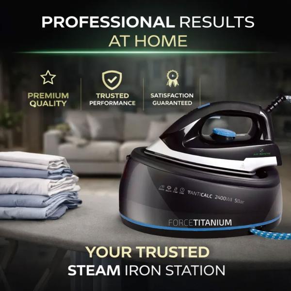Force Titanium steam iron with steam station 2400 W, 5 bar, 120 g/min steam, vertical steam, anti-drip, anti-scale & self-clean
