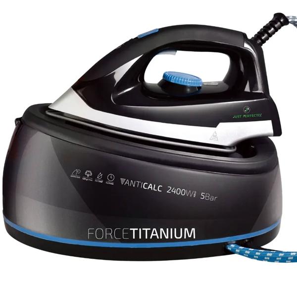 Fer à vapeur Force Titanium avec centrale vapeur 2400 W, 5 bar, 120 g/min de vapeur, vapeur verticale, anti-goutte, anti-calcaire et auto-nettoyage