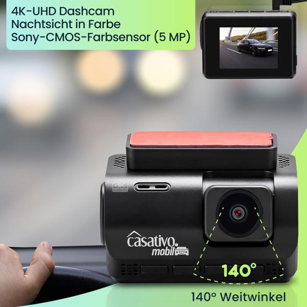 Dashcam 4K-UHD KFZ mit GPS, Autokamera -  Nachtsicht in Farbe, Sony Farbsensor, G-Sensor, WDR Wide Dynamic Range, WLAN & App, FarbDisplay, 140°