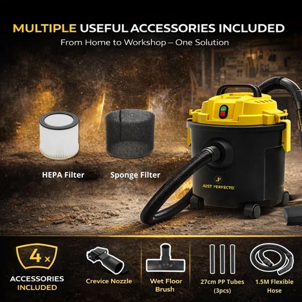 Wet and dry vacuum cleaner 1200 W with 16 L tank, HEPA filtration system & blower function, suction power from 16 kPa, for home, garage & workshop