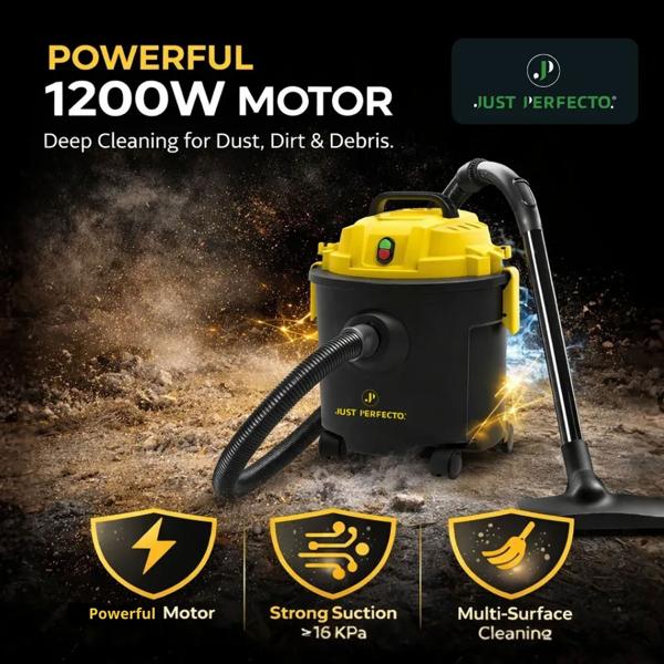 Wet and dry vacuum cleaner 1200 W with 16 L tank, HEPA filtration system & blower function, suction power from 16 kPa, for home, garage & workshop