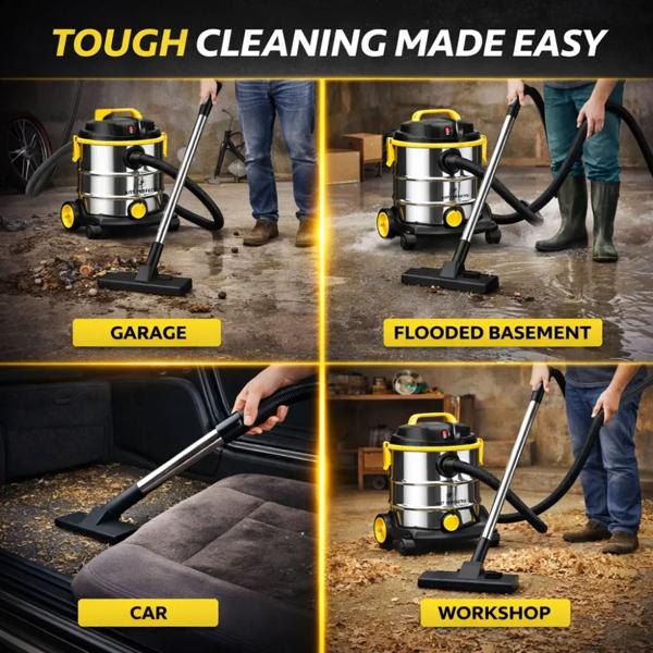 Pro wet and dry vacuum cleaner, 1200 W, 25 L stainless steel tank, HEPA filter, blowing function, telescopic tube, for home, garage & workshop