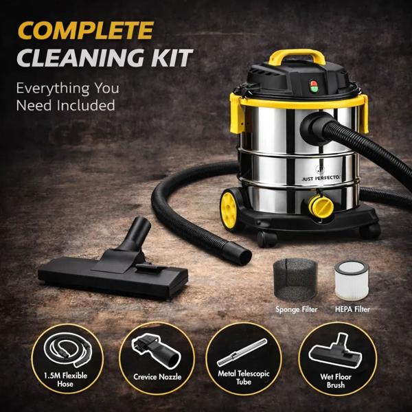 Pro wet and dry vacuum cleaner, 1200 W, 25 L stainless steel tank, HEPA filter, blowing function, telescopic tube, for home, garage & workshop
