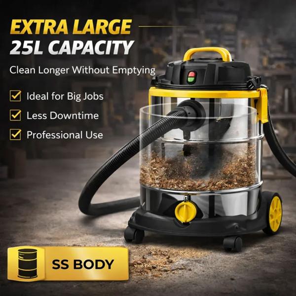Pro wet and dry vacuum cleaner, 1200 W, 25 L stainless steel tank, HEPA filter, blowing function, telescopic tube, for home, garage & workshop