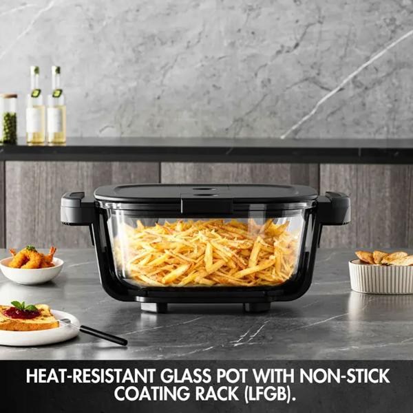 Hot air fryer with 2 glass bowls 1.5 L & 4 L, 1500 W, oil‑free air fryer with full visibility, 80–200 °C, 60‑min timer, cool‑touch, black