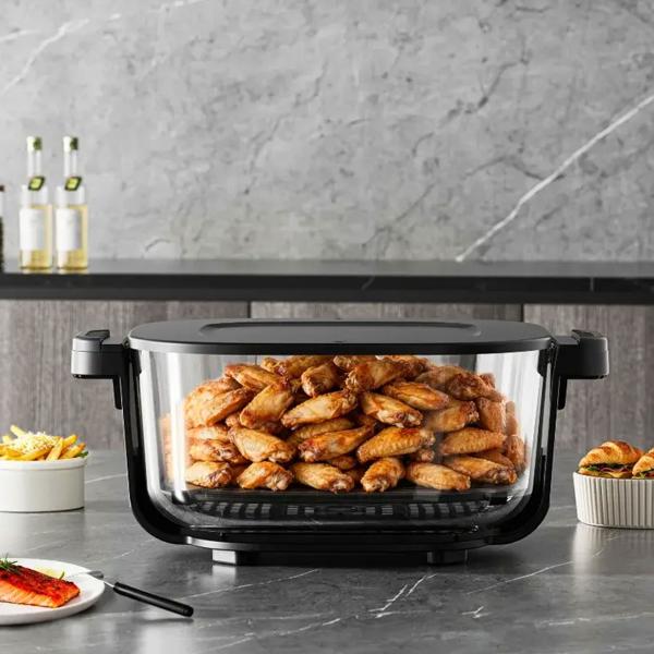 Friggitrice ad aria con 2 contenitori in vetro 1,5 L & 4 L, 1500 W, friggitrice ad aria senza olio con piena visibilità, 80–200 °C, timer 60 min, Cool‑Touch, nera