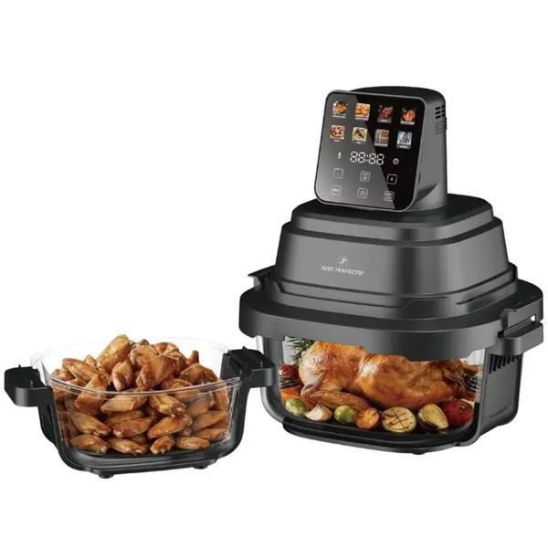 Friggitrice ad aria con 2 contenitori in vetro 1,5 L & 4 L, 1500 W, friggitrice ad aria senza olio con piena visibilità, 80–200 °C, timer 60 min, Cool‑Touch, nera