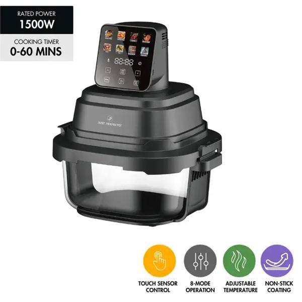 Hot air fryer with 2 glass bowls 1.5 L & 4 L, 1500 W, oil‑free air fryer with full visibility, 80–200 °C, 60‑min timer, cool‑touch, black