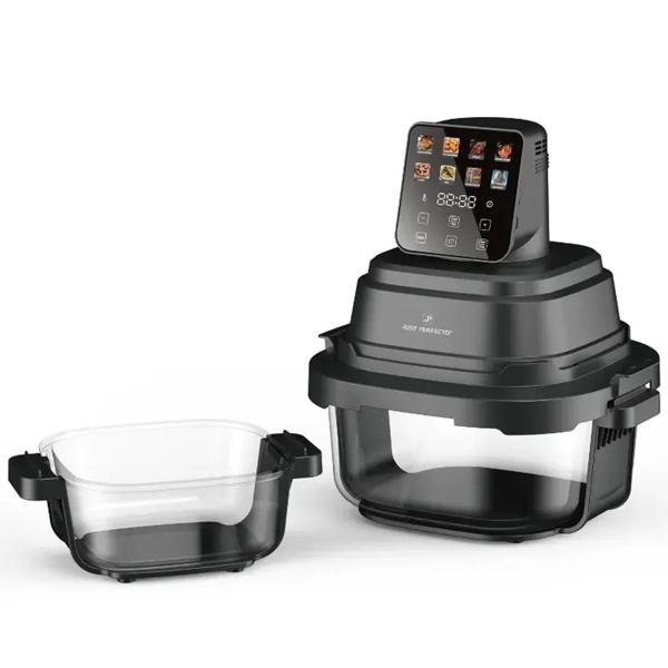 Friggitrice ad aria con 2 contenitori in vetro 1,5 L & 4 L, 1500 W, friggitrice ad aria senza olio con piena visibilità, 80–200 °C, timer 60 min, Cool‑Touch, nera