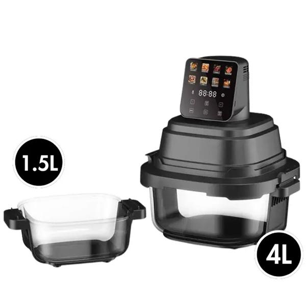 Friggitrice ad aria con 2 contenitori in vetro 1,5 L & 4 L, 1500 W, friggitrice ad aria senza olio con piena visibilità, 80–200 °C, timer 60 min, Cool‑Touch, nera