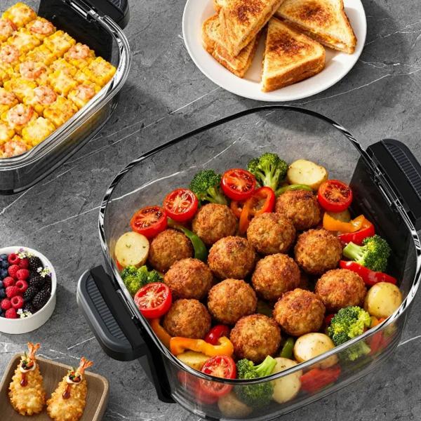 Friggitrice ad aria con 2 contenitori in vetro 1,5 L & 4 L, 1500 W, friggitrice ad aria senza olio con piena visibilità, 80–200 °C, timer 60 min, Cool‑Touch, nera