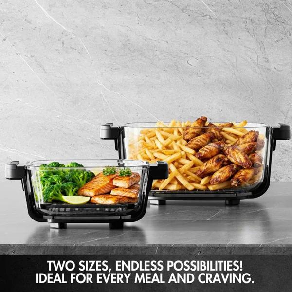 Hot air fryer with 2 glass bowls 1.5 L & 4 L, 1500 W, oil‑free air fryer with full visibility, 80–200 °C, 60‑min timer, cool‑touch, black
