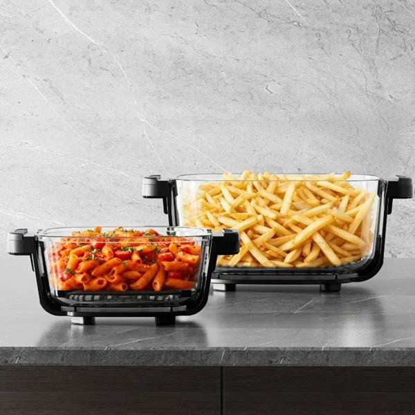 Friggitrice ad aria con 2 contenitori in vetro 1,5 L & 4 L, 1500 W, friggitrice ad aria senza olio con piena visibilità, 80–200 °C, timer 60 min, Cool‑Touch, nera