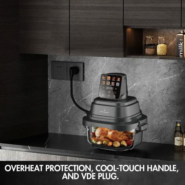 Hot air fryer with 2 glass bowls 1.5 L & 4 L, 1500 W, oil‑free air fryer with full visibility, 80–200 °C, 60‑min timer, cool‑touch, black