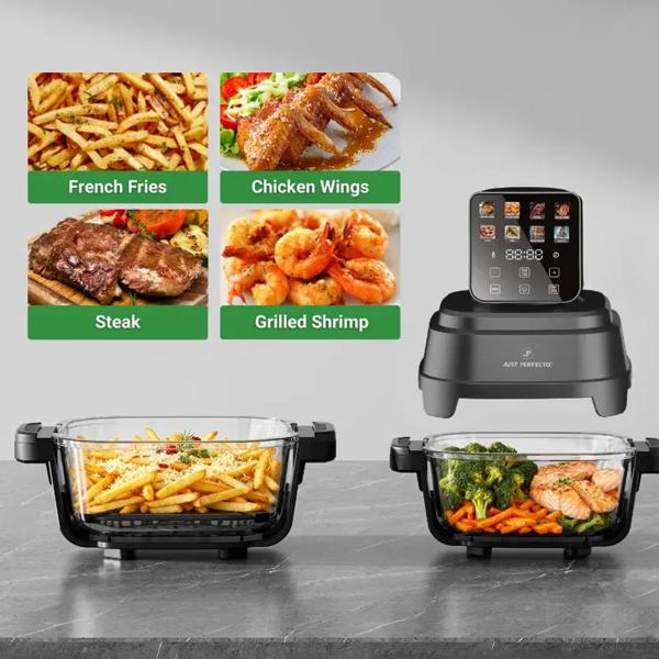 Friggitrice ad aria con 2 contenitori in vetro 1,5 L & 4 L, 1500 W, friggitrice ad aria senza olio con piena visibilità, 80–200 °C, timer 60 min, Cool‑Touch, nera