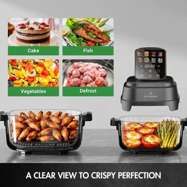 Hot air fryer with 2 glass bowls 1.5 L & 4 L, 1500 W, oil‑free air fryer with full visibility, 80–200 °C, 60‑min timer, cool‑touch, black
