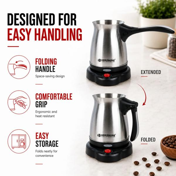 Electric Turkish coffee maker 600 W, 0.5 L stainless steel moka pot, 360° base, foldable handle, auto shut‑off, electric cezve