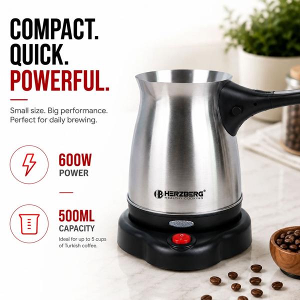 Electric Turkish coffee maker 600 W, 0.5 L stainless steel moka pot, 360° base, foldable handle, auto shut‑off, electric cezve