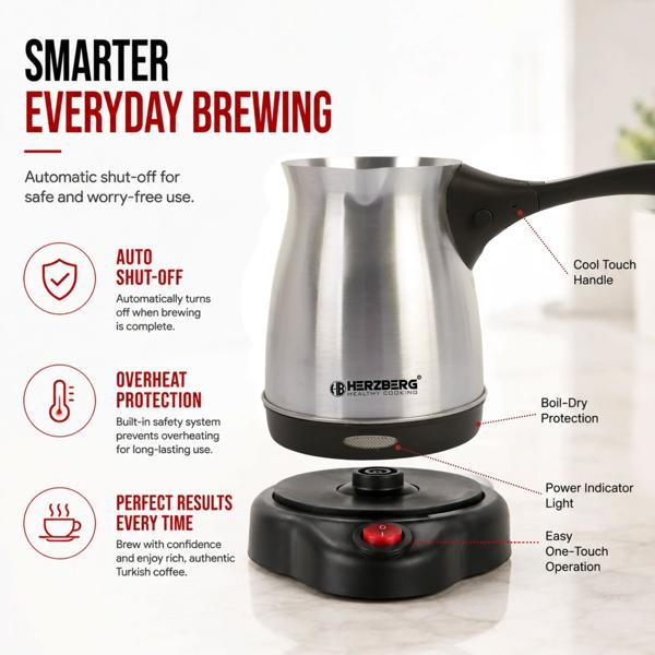 Electric Turkish coffee maker 600 W, 0.5 L stainless steel moka pot, 360° base, foldable handle, auto shut‑off, electric cezve