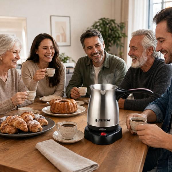 Elektrische türkische Kaffeemaschine 600 W, 0,5 L Mokkakanne aus Edelstahl, 360° Sockel, klappbarer Griff, Abschaltautomatik, Cezve elektrisch