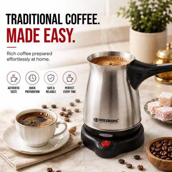 Electric Turkish coffee maker 600 W, 0.5 L stainless steel moka pot, 360° base, foldable handle, auto shut‑off, electric cezve