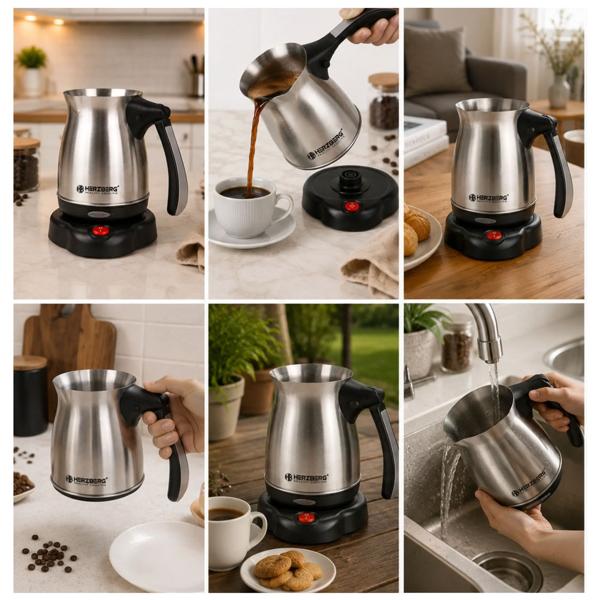 Elektrische türkische Kaffeemaschine 600 W, 0,5 L Mokkakanne aus Edelstahl, 360° Sockel, klappbarer Griff, Abschaltautomatik, Cezve elektrisch