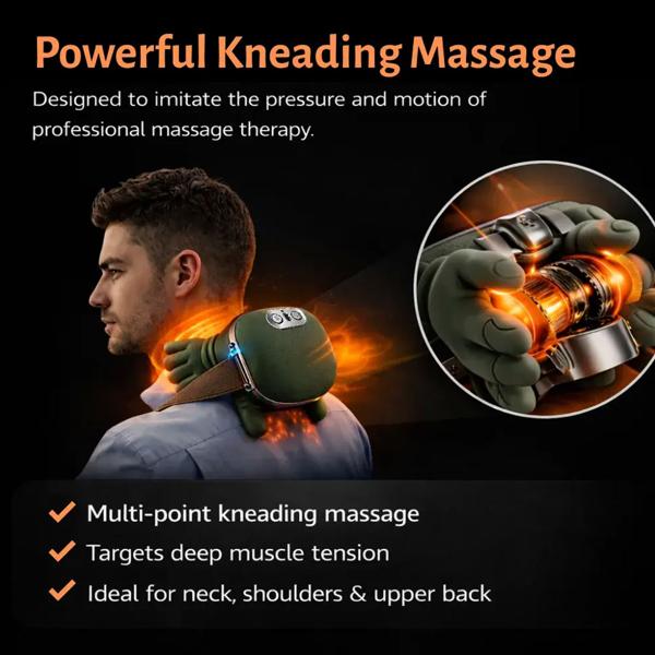 Shiatsu neck massager with hand-shaped massage heads, cordless, heat function 40–45 °C, 3 levels, battery, for neck, shoulders & back