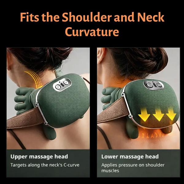 Shiatsu neck massager with hand-shaped massage heads, cordless, heat function 40–45 °C, 3 levels, battery, for neck, shoulders & back
