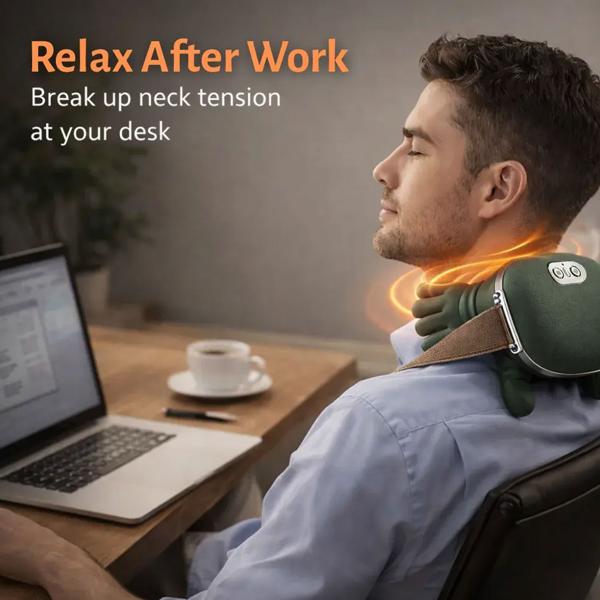 Shiatsu neck massager with hand-shaped massage heads, cordless, heat function 40–45 °C, 3 levels, battery, for neck, shoulders & back