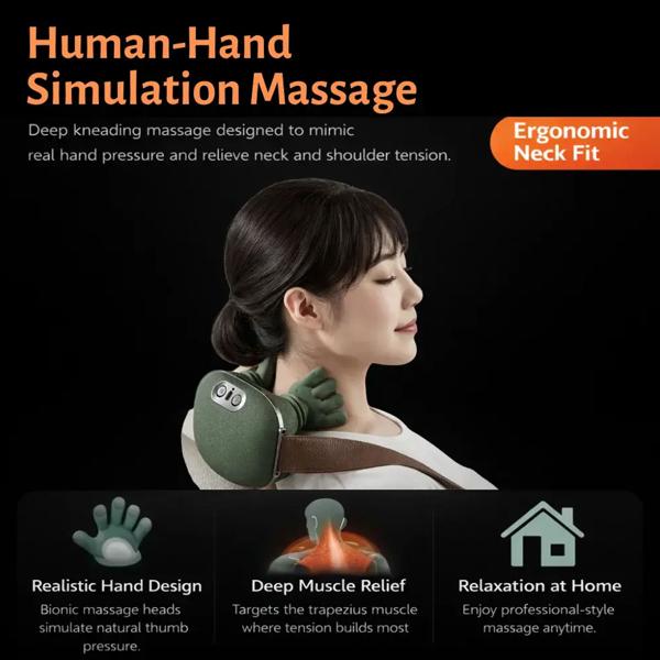 Shiatsu neck massager with hand-shaped massage heads, cordless, heat function 40–45 °C, 3 levels, battery, for neck, shoulders & back
