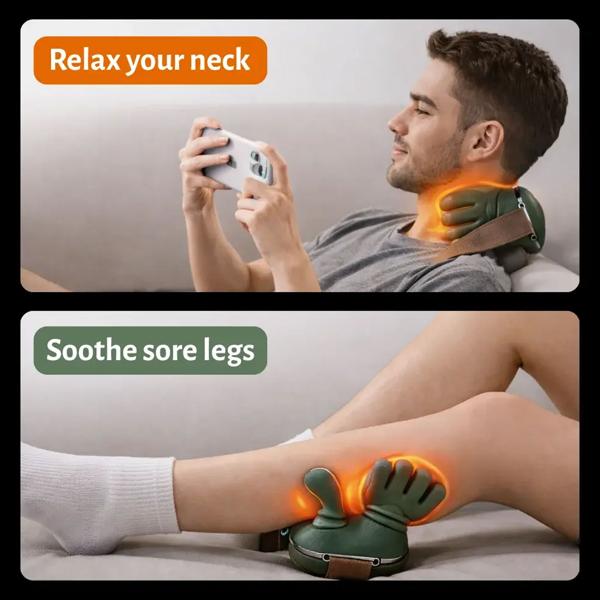 Shiatsu neck massager with hand-shaped massage heads, cordless, heat function 40–45 °C, 3 levels, battery, for neck, shoulders & back