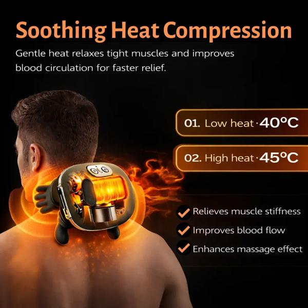 Shiatsu neck massager with hand-shaped massage heads, cordless, heat function 40–45 °C, 3 levels, battery, for neck, shoulders & back