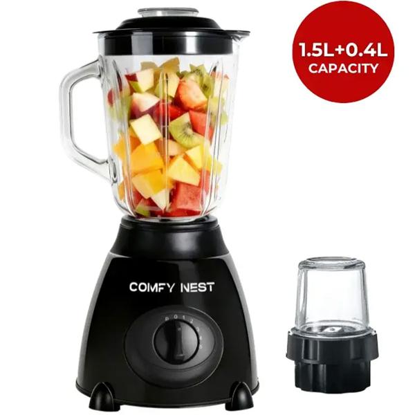 Glass stand blender with grinder, 800 W, 1.5 L jug & 0.4 L grinder cup, 5 speeds, pulse function, ice crusher, stainless steel housing, black