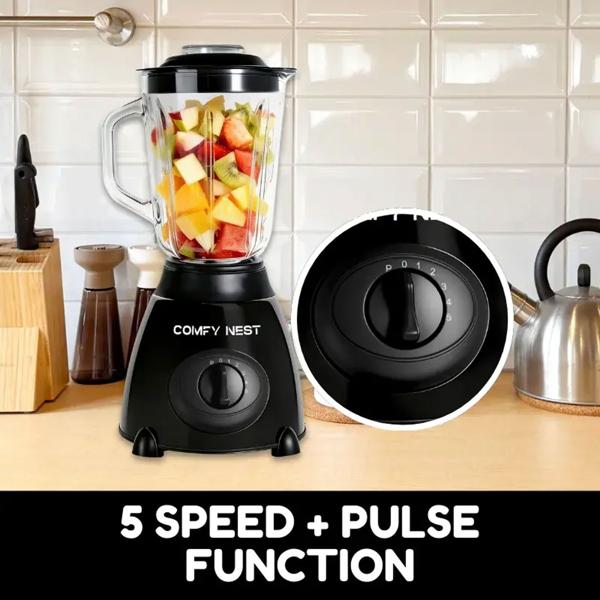 Glass stand blender with grinder, 800 W, 1.5 L jug & 0.4 L grinder cup, 5 speeds, pulse function, ice crusher, stainless steel housing, black